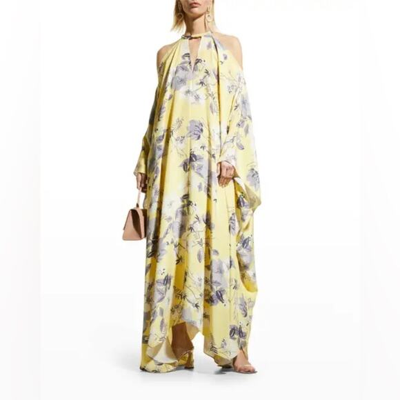 St.John Floral-Print Cold-Shoulder Silk Crepe De Chine Kaftan Dress - Picture 1 of 6